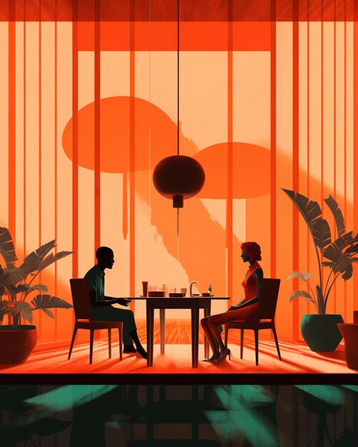 Um casal sentado em uma mesa em frente a uma janela com uma planta nela.
