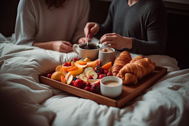 Um casal sentado na cama com uma bandeja de café da manhã Generative Ai