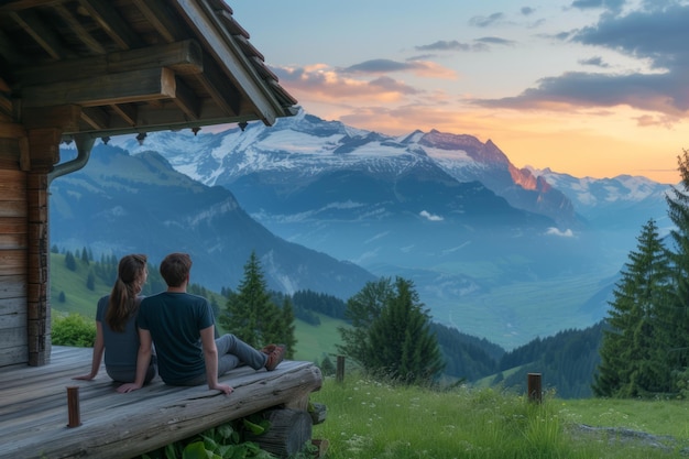 Um casal sentado na varanda de uma cabana com incríveis vistas para as montanhas.