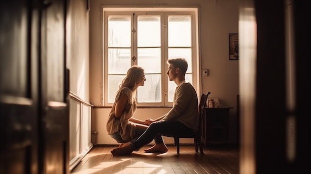 Um casal sentado no chão de um quarto escuro, olhando um para o outro, com o sol brilhando pela janela atrás deles.