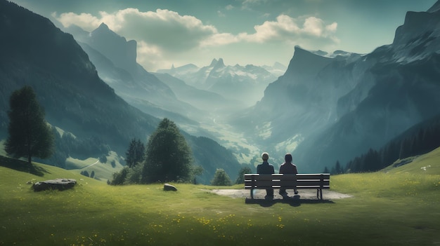 Um casal sentado num banco nas montanhas.