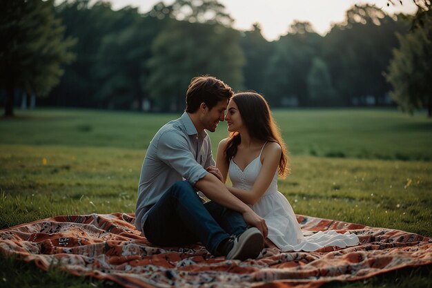 Um casal sentado num cobertor no parque. O sol está a pôr-se atrás deles.