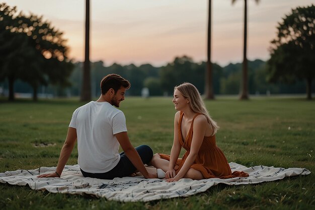 Um casal sentado num cobertor num parque com o sol a pôr-se atrás deles.