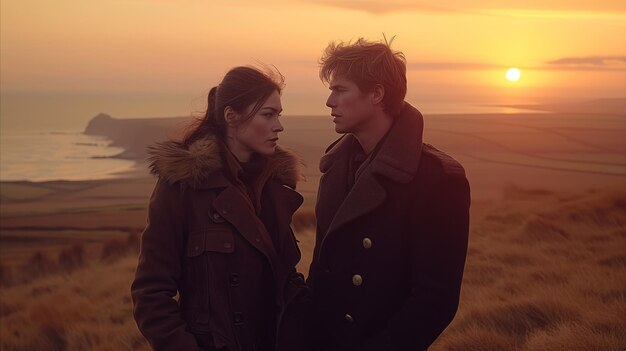 Um casal sereno desfrutando do pôr-do-sol em uma paisagem rural costeira