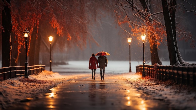 Um casal sob um guarda-chuva caminhando por um parque chuvoso em uma noite de outono Geração de IA