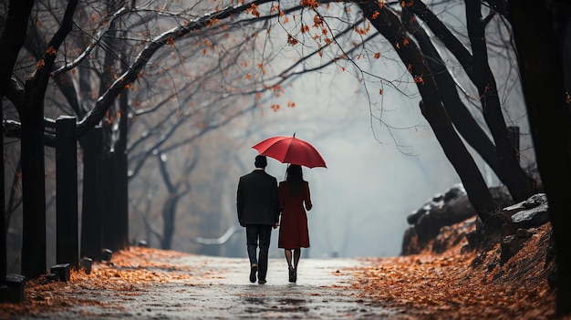 Um casal sob um guarda-chuva caminhando por um parque chuvoso em uma noite de outono Geração de IA