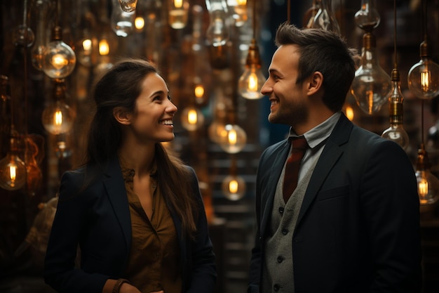 Um casal sorri e sorri diante de um lustre.