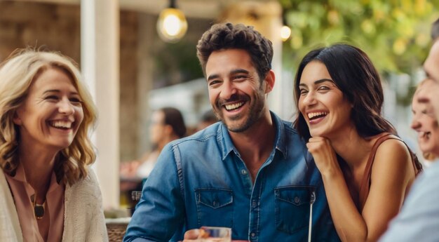 Um casal sorri e sorri num bar.