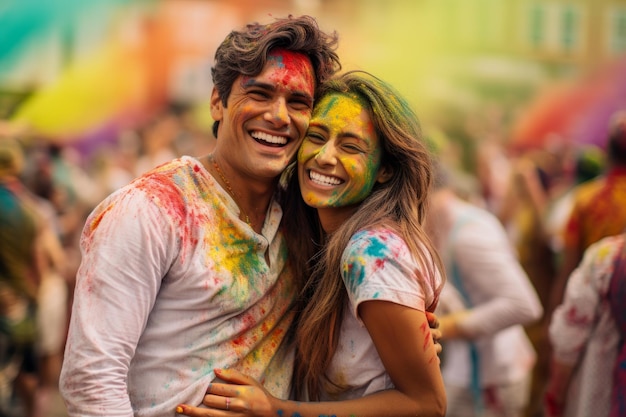 Um casal sorridente a celebrar o dia de Holi.