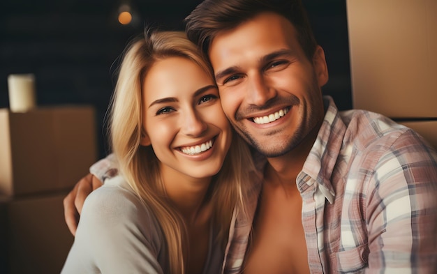 Foto um casal sorridente moderno a desembalar caixas na nova casa.