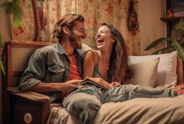 Um casal sorridente na cama a ver um filme no tablet.