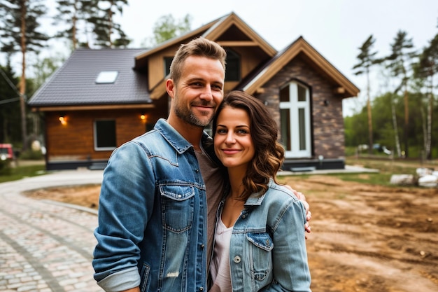 Um casal sorridente posando em frente à sua casa nova com expressões alegres