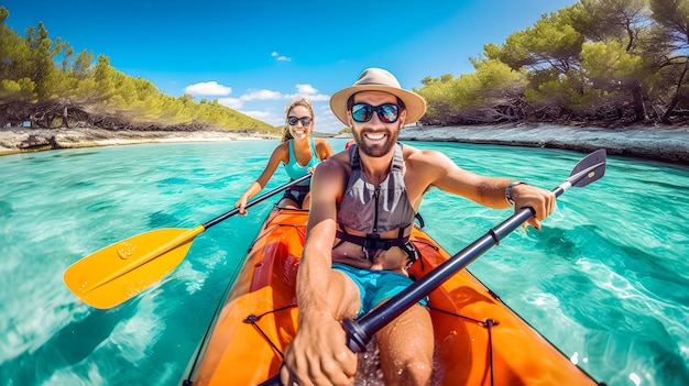 Um casal sorrindo e fazendo caiaque em suas férias em um rio ou mar