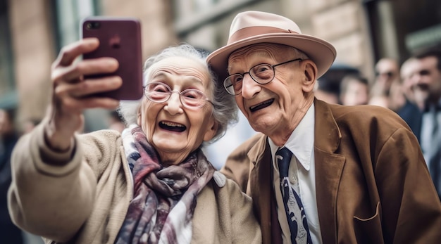 Um casal tirando uma foto de si mesmos com um telefone