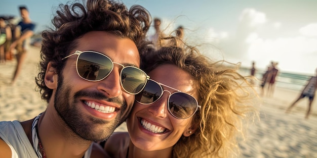 um casal tirando uma selfie na praia no estilo folkinspirado