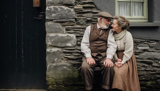 Foto um casal vestido com trajes tradicionais irlandeses capturado em um cenário rústico