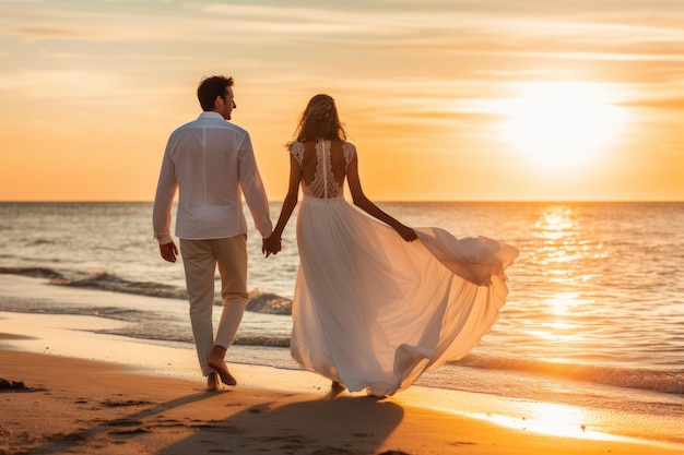 Um casal vestido de branco a caminhar pela praia.