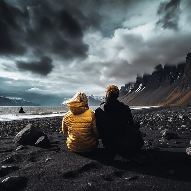 Um casal viajante desfruta de uma vista incrível das montanhas de uma praia preta na Islândia