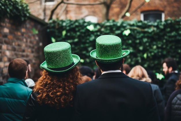 um casal visto por trás disfarçado para o dia de São Patrício em uma festa