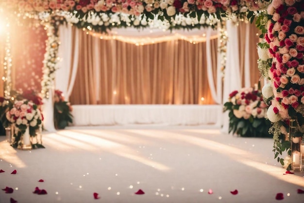 um casamento com flores e um casal na frente de uma grande janela