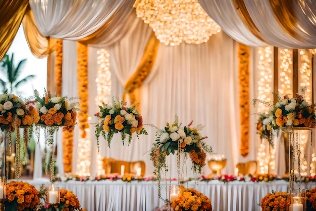 Um casamento com flores e velas na mesa.