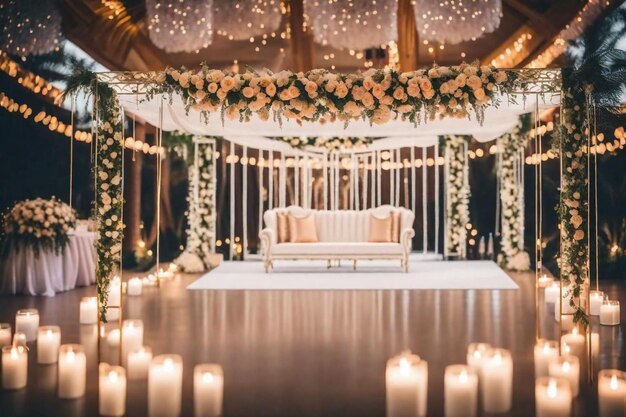 Um casamento com um candelabro e um sofá branco