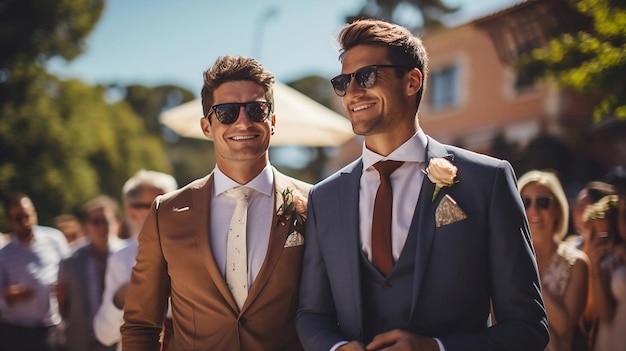 Um casamento comovente de dois noivos em trajes tradicionais rodeados de amor e apoio