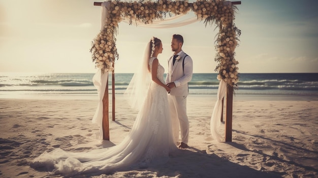 Um casamento na praia com os noivos sob um arco de casamento