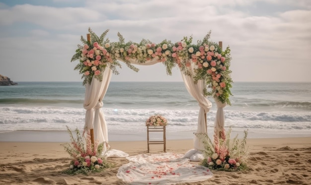 Um casamento na praia com uma cadeira e flores