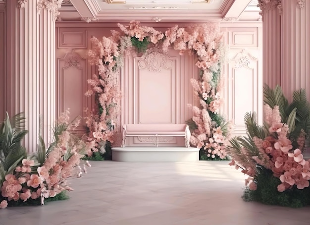 Um casamento rosa e branco com um arco floral e flores cor de rosa.