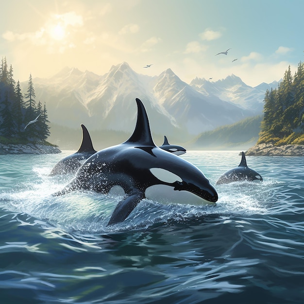 Foto um caso de orcas movendo-se pela água em busca de comida