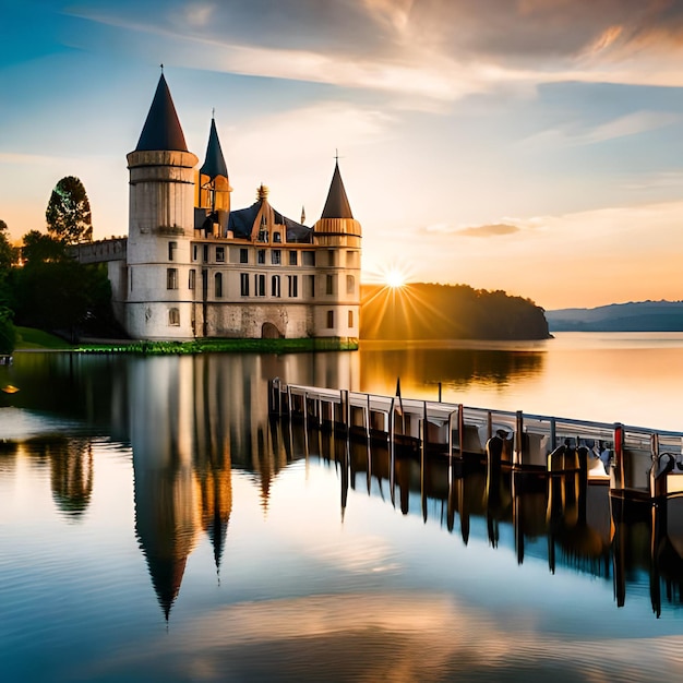 Um castelo à beira do lago com o sol se pondo atrás dele