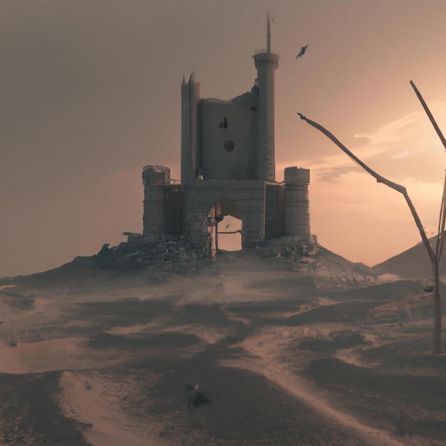Um castelo abandonado no meio de um deserto, fundo de arte conceitual