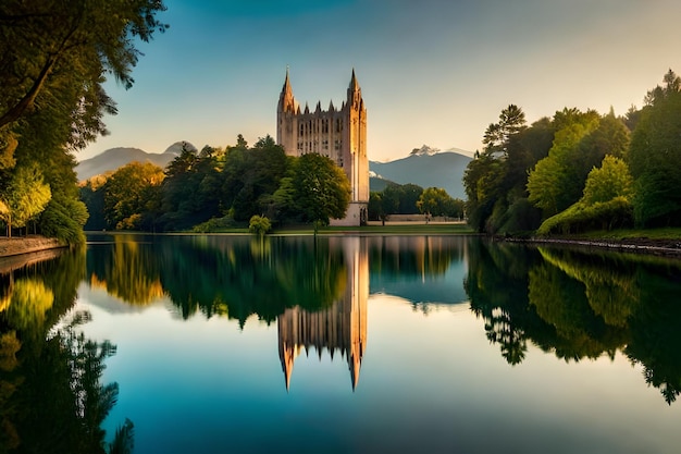 Um castelo ao lado do lago ao pôr-do-sol