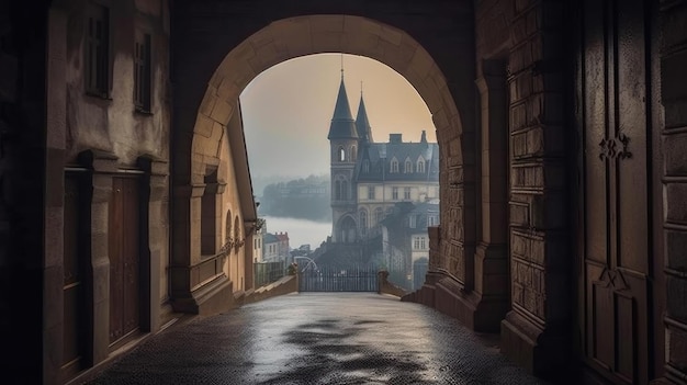 um castelo ao longe com um castelo ao fundo