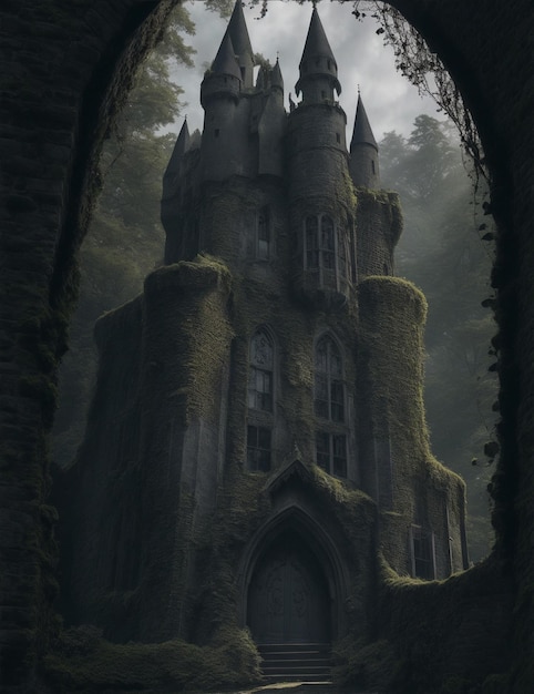 Foto um castelo assombrado em algum lugar nas escuras florestas medievais temático de halloween castelo generativo ai