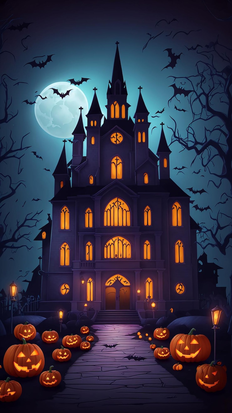 Foto um castelo assustador com uma lua cheia ao fundo