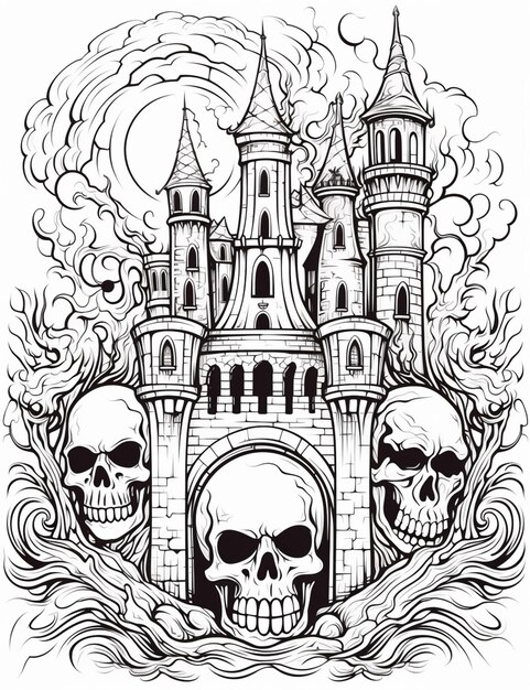 Foto um castelo com crânios e uma cabeça de crânio em primeiro plano