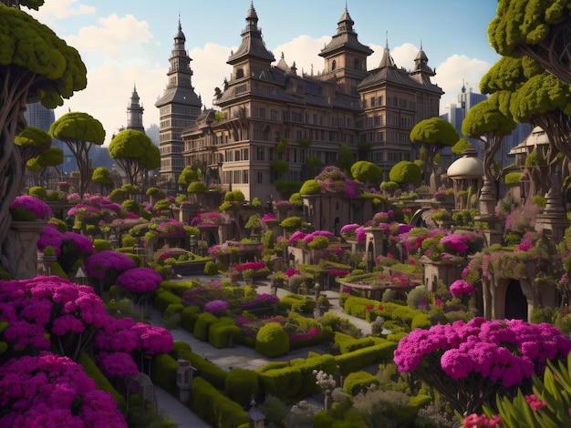 Um castelo com muitas flores roxas no meio