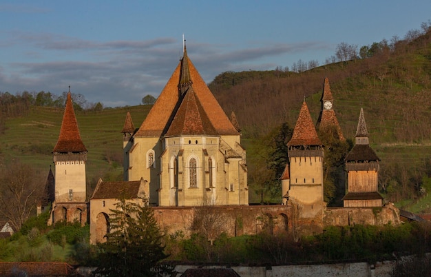Um castelo com telhado marrom e um telhado marrom com uma pequena torre à direita.