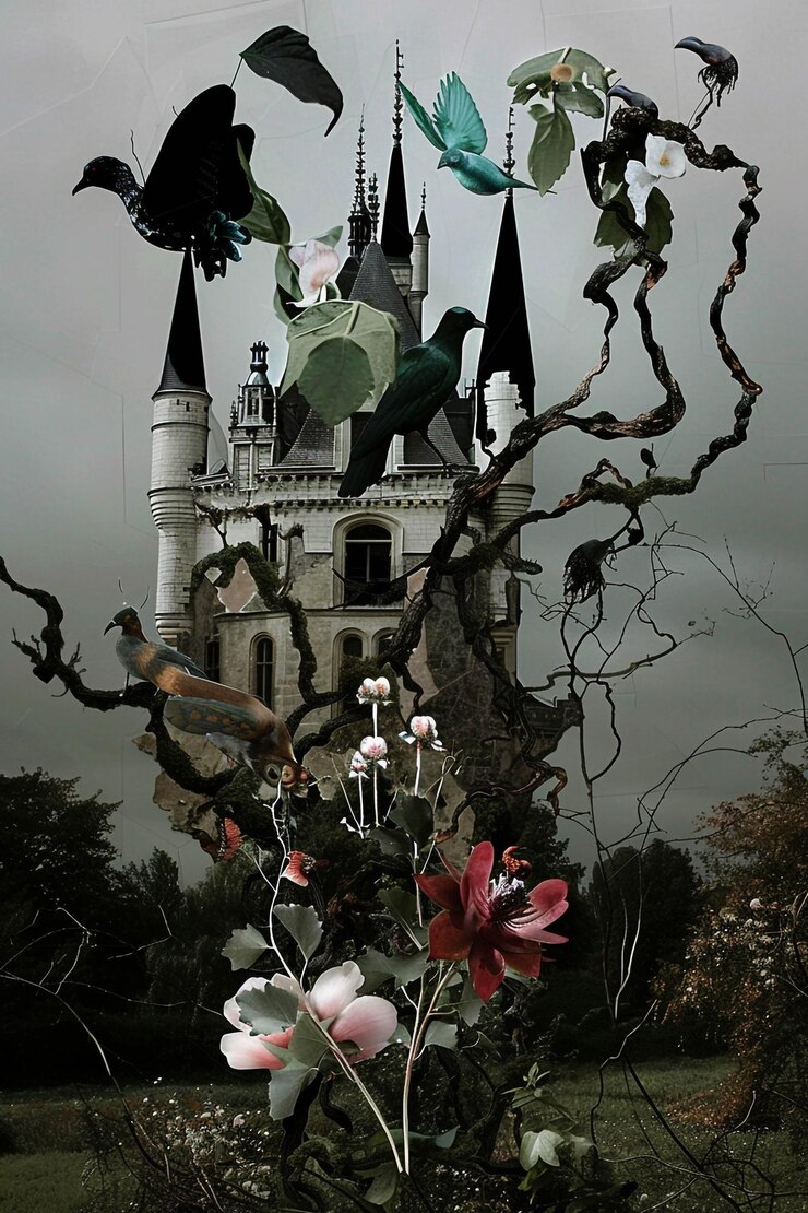 Foto um castelo com um castelo no fundo e flores no primeiro plano
