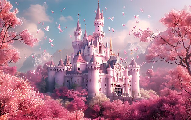 um castelo com um castelo rosa no topo e borboletas voando em torno dele