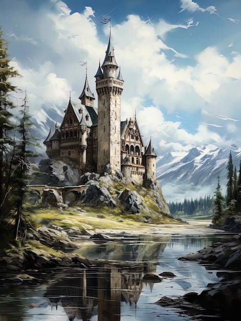 Um castelo com um lago e montanhas ao fundo