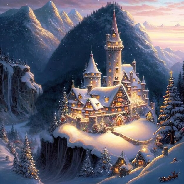 um castelo com um telhado coberto de neve é mostrado na neve
