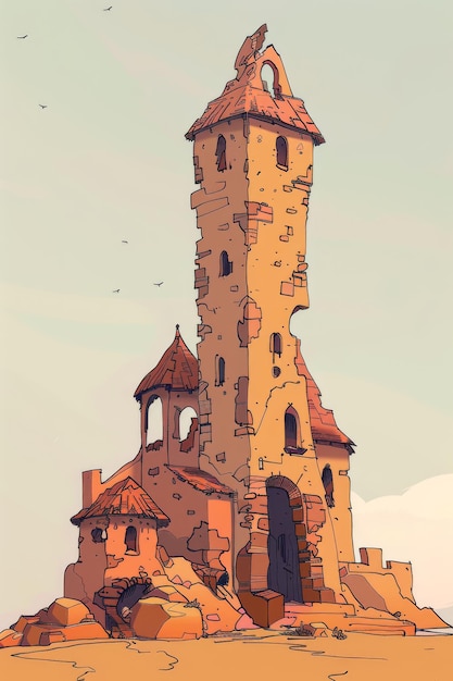 um castelo com uma torre que tem um pássaro voando no céu