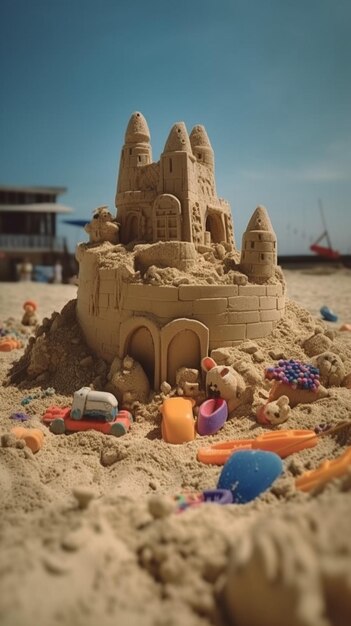 Um castelo de areia com uma praia e brinquedos