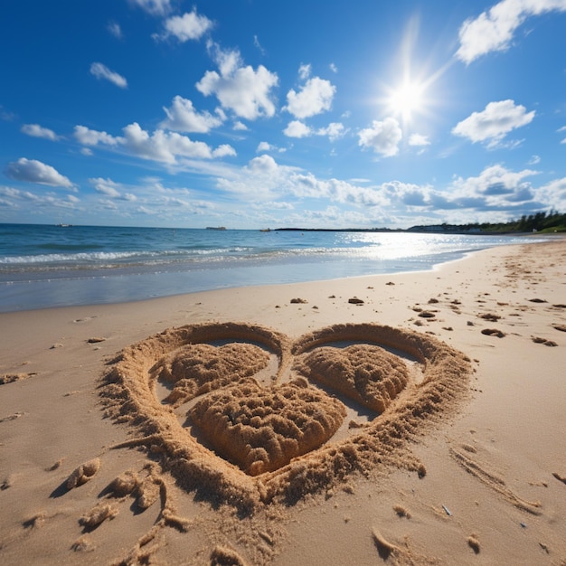 Foto um castelo de areia em forma de coração em uma praia com o sol brilhando