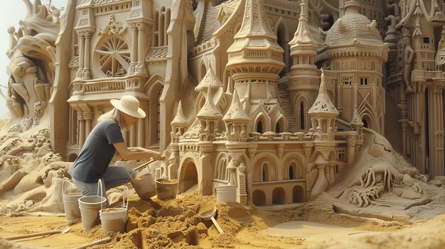 Foto um castelo de areia incrível, um castelo de arenito na praia. uma mulher esculpe um castello de areia na praia.