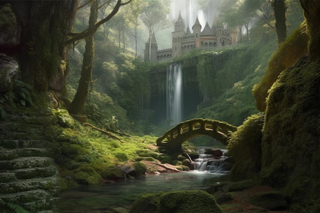Um castelo de conto de fadas em uma floresta com uma cachoeira