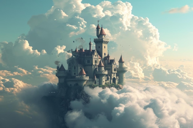 Um castelo de conto de fadas nas nuvens gerado pela IA.